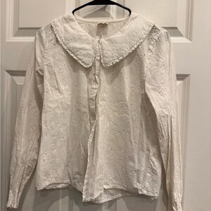 White Embroidered Peter Pan Collar Blouse - Women's Long Sleeve Top